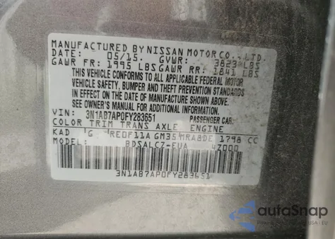 2015 Nissan Sentra S z USA, uszkodzony, nr VIN 3N1AB7AP0FY283651